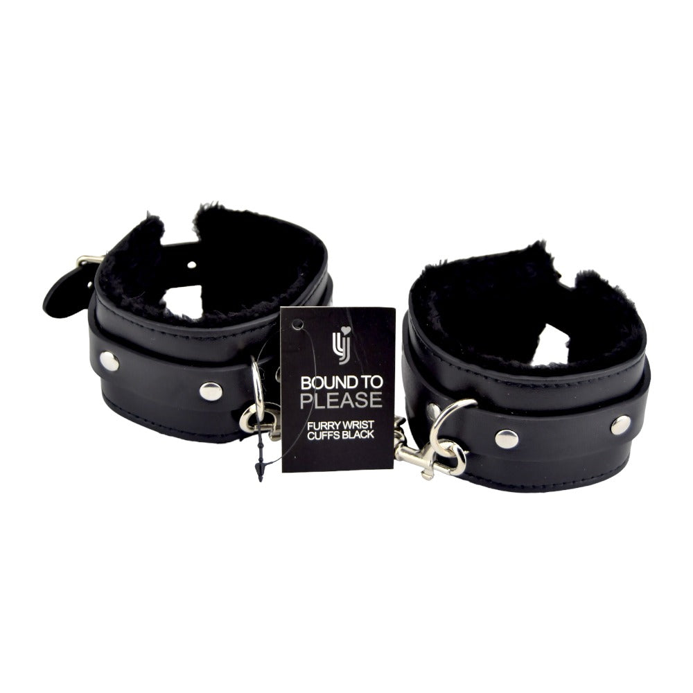 Bound to Please Furry Plush Wrist Cuffs Black - Allure Adornments