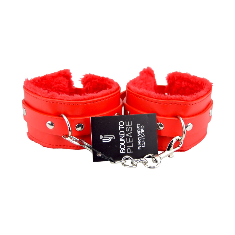 Bound to Please Furry Plush Wrist Cuffs Red - Allure Adornments