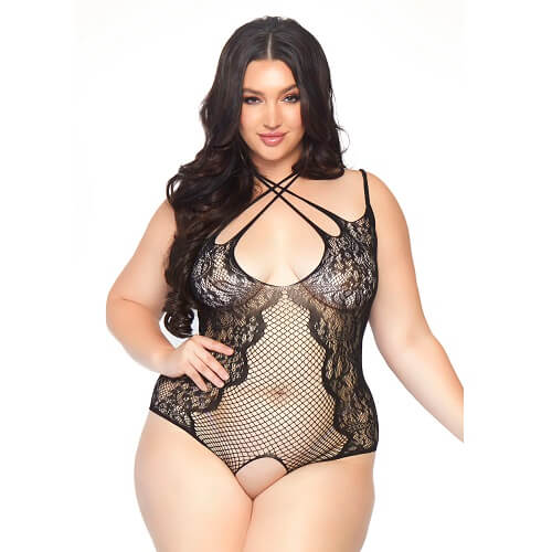 Leg Avenue Plus Size Net and Lace Crotchless Body - Allure Adornments