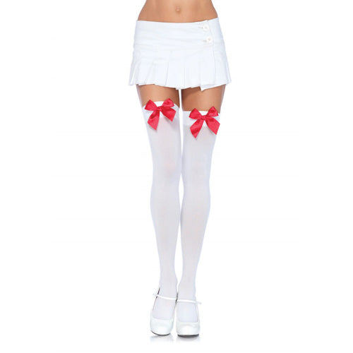 Leg Avenue Nylon Thigh Highs with Bow - Allure Adornments